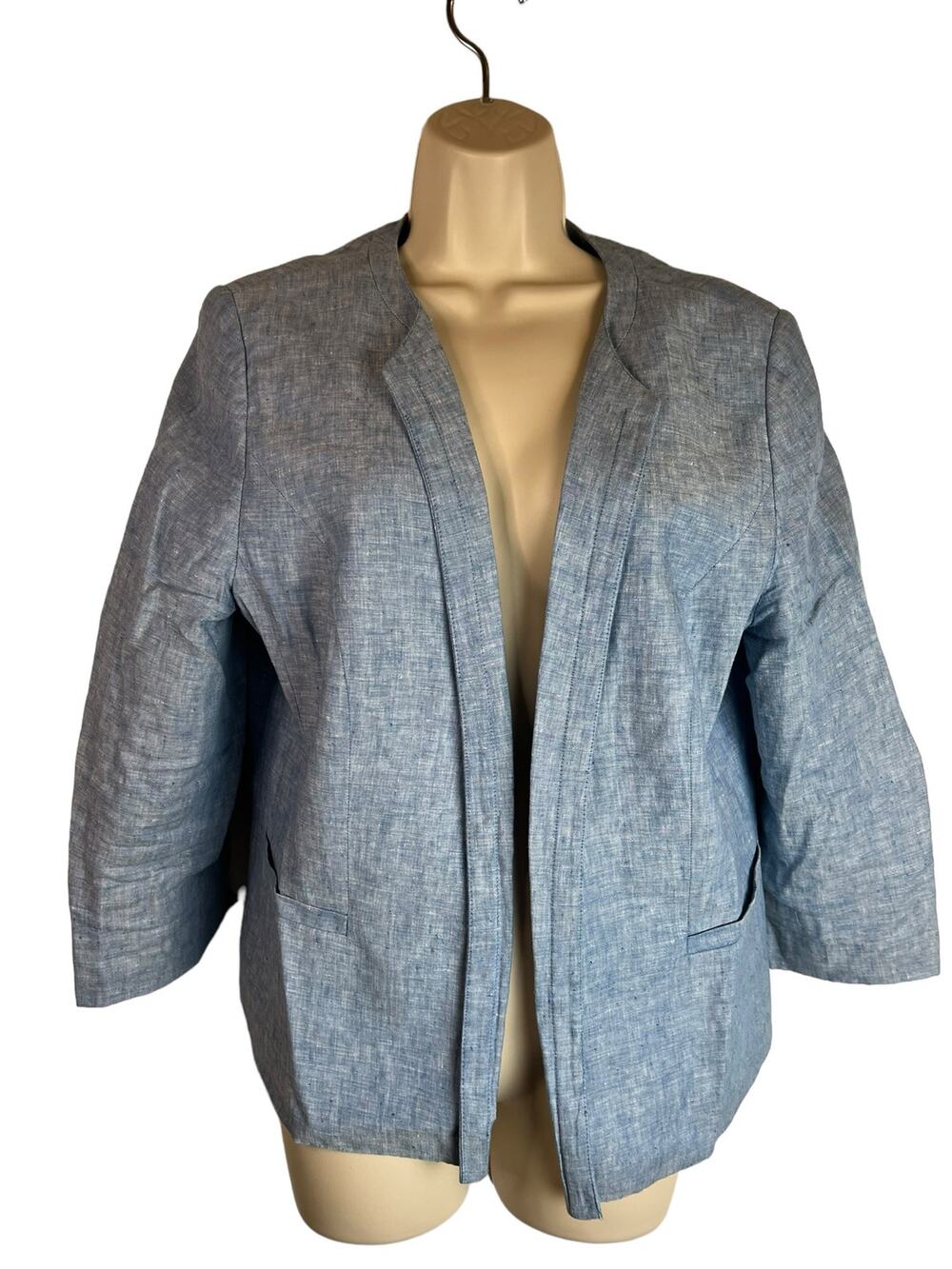 Talbots Blue Linen Open Front Womens Blazer jacket career office preppy Twee 14